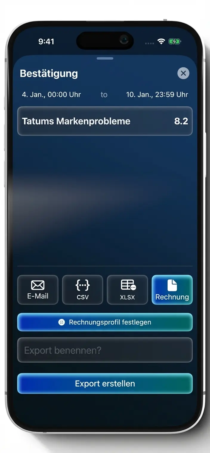 Tenths Export-Bildschirm mit E-Mail-, CSV-, XLSX- und Rechnungsoptionen