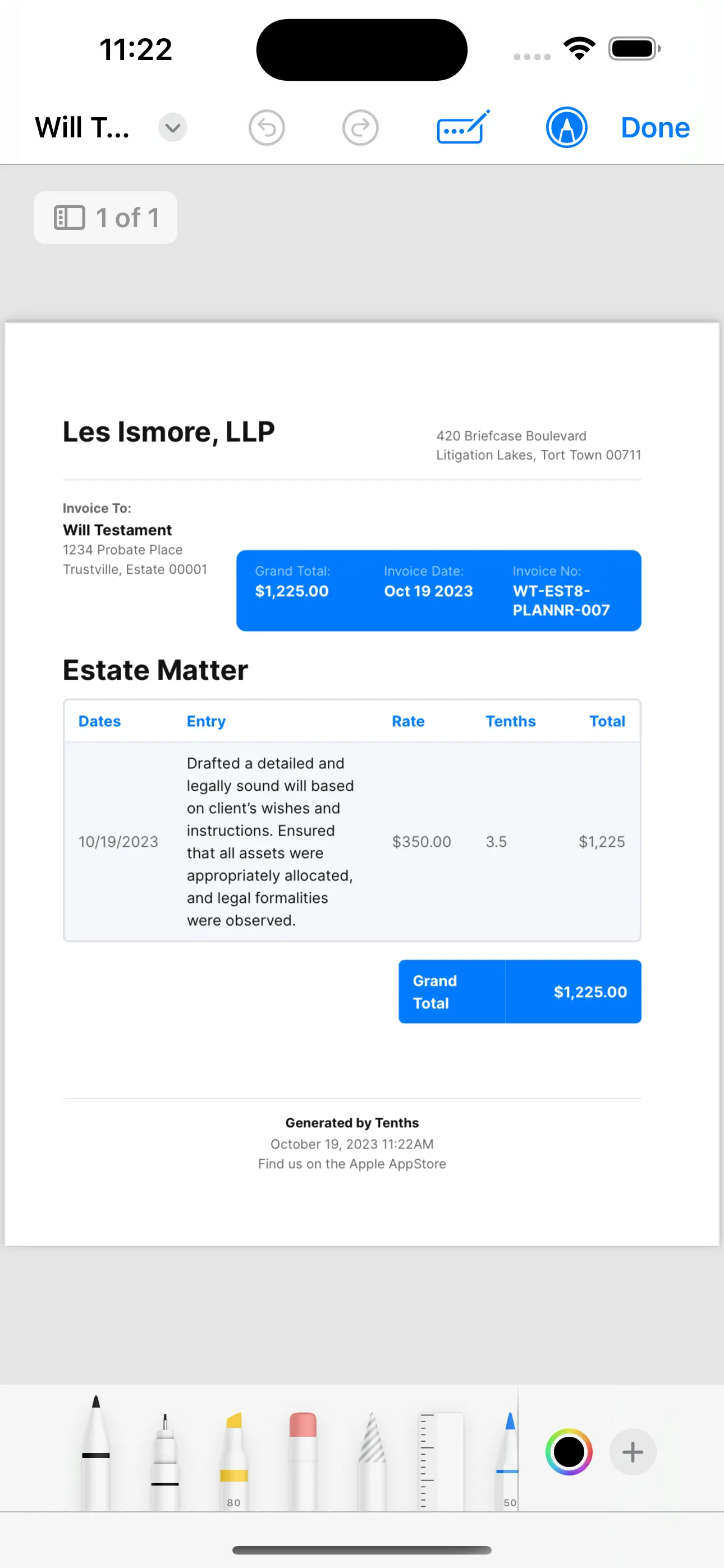 a screenshot of tenths showing an exported invoice with time entries kept in the application, some written by the AI Assist feature